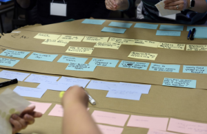 A tightly cropped photo of participants working on a journey map.